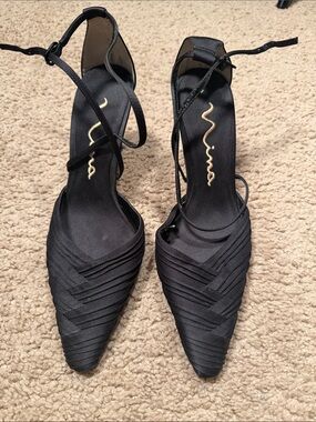 Black Pointed-Toe Strappy Heels with Ankle Wrap